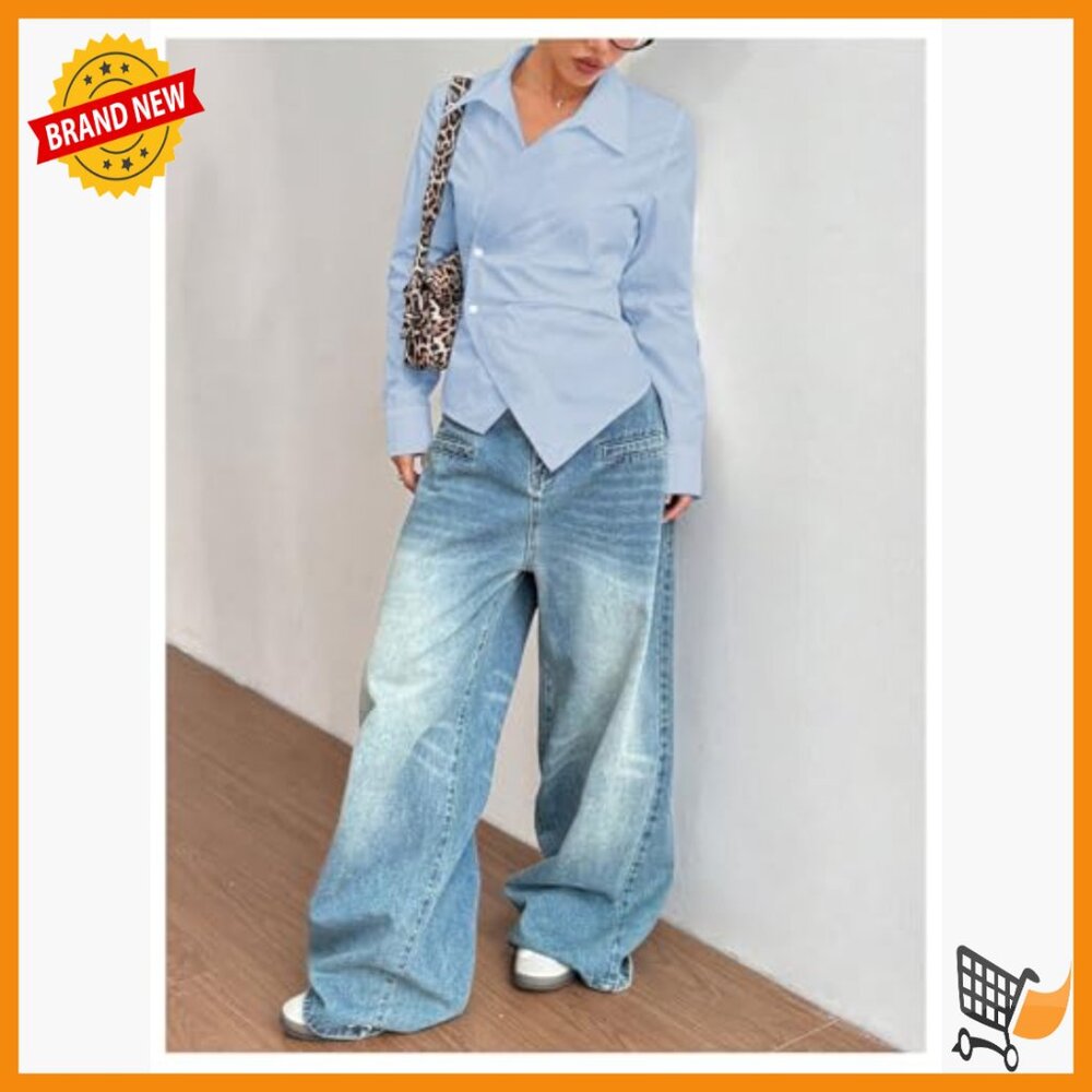 Long Sleeve Wrap Button Down Blouse Asymmetrical … - image 5